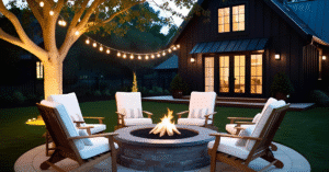 Coin feu extérieur cosy avec foyer rond en pierre, chaises en bois et guirlande lumineuses dans une cour arrière.