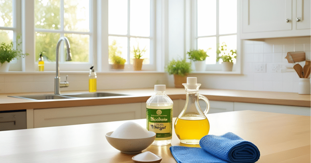 un comptoir avec des produits ménager écolo