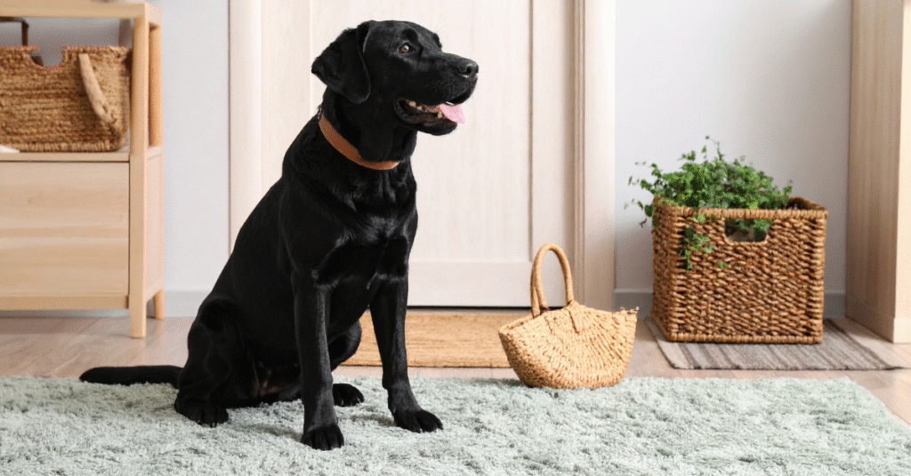 un chien assis sur un tapis d'entrée