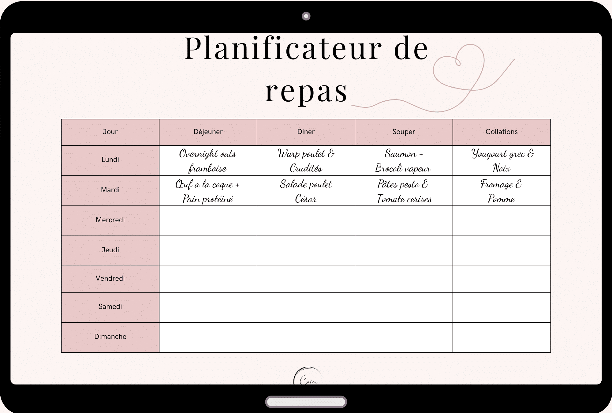 Aperçu du planificateur de repas